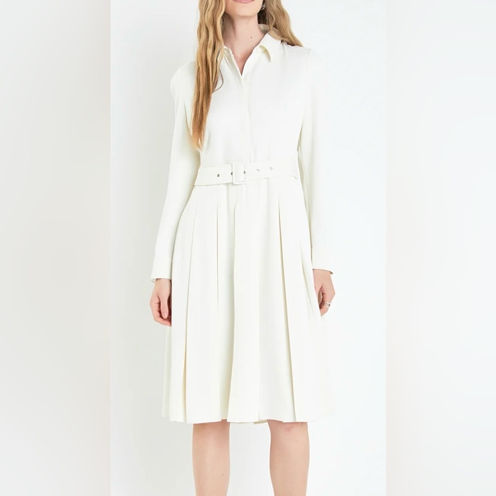 English Factory Pleated Collared Long Sleeve Midi Dress Sz M Cream Quiet Luxury - Picture 13 of 14